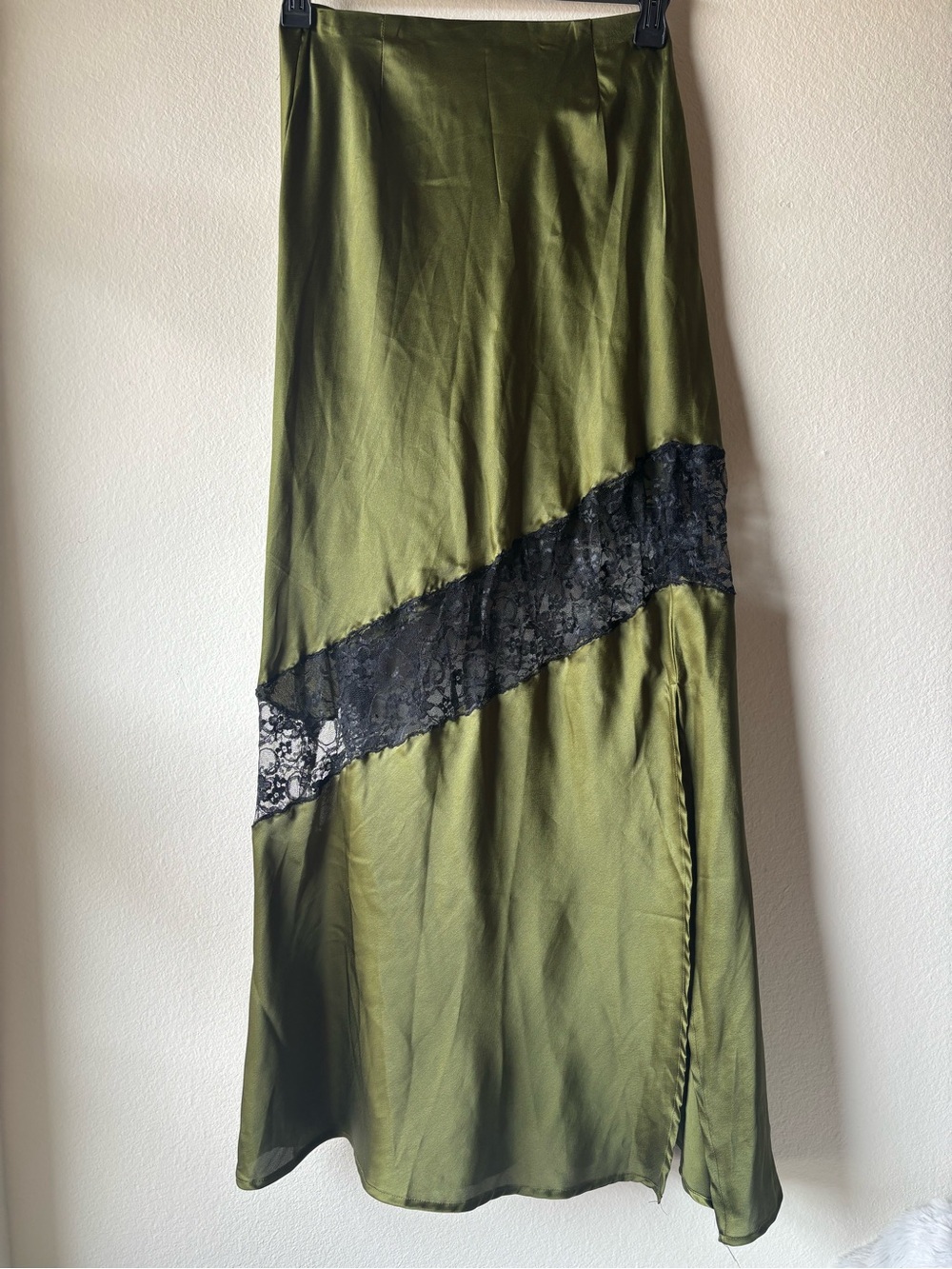 Handmade Olive Green Satin Maxi Skirt with Black Lace Inset